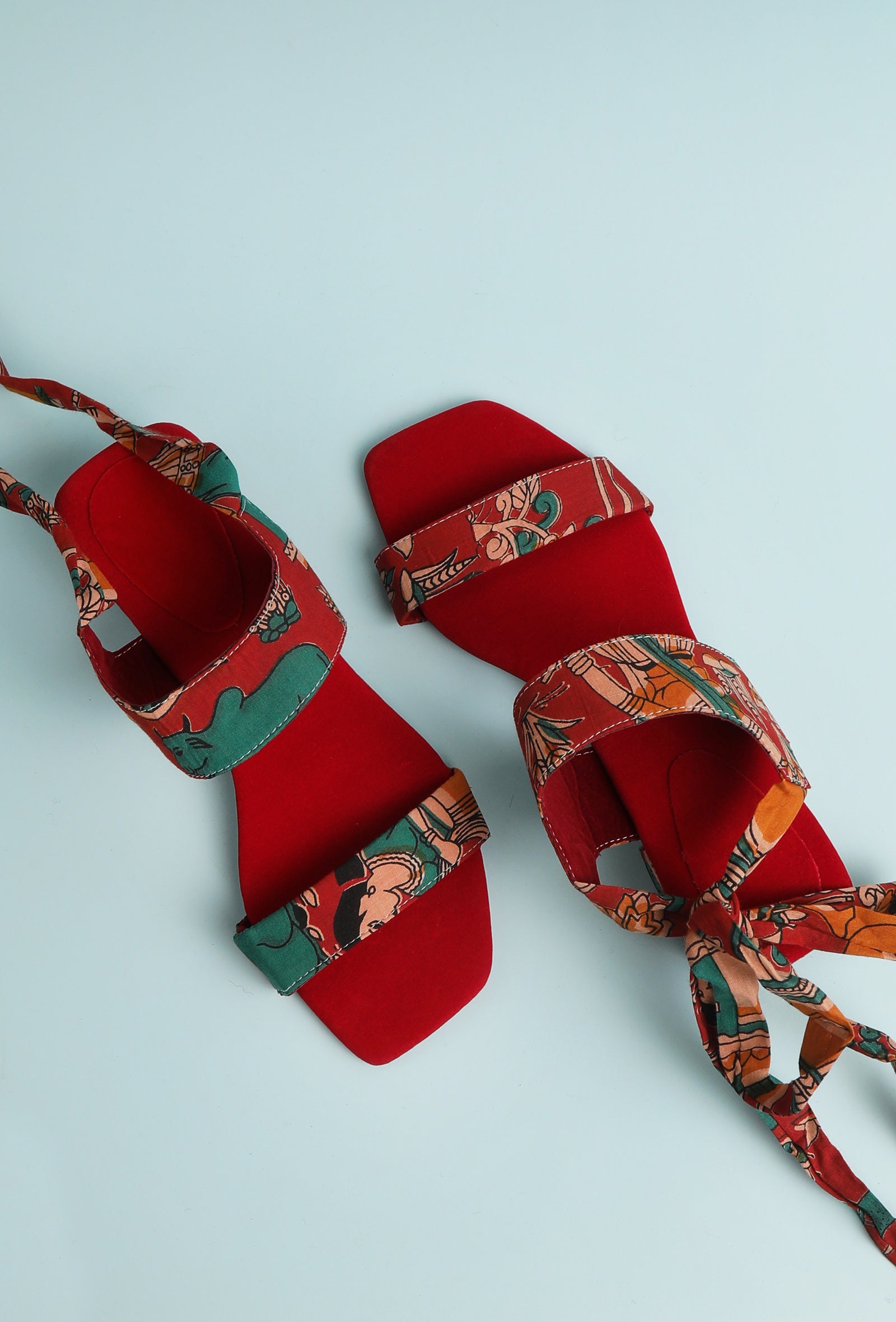 Scarlet Red Kalamkari Tie Up Heels