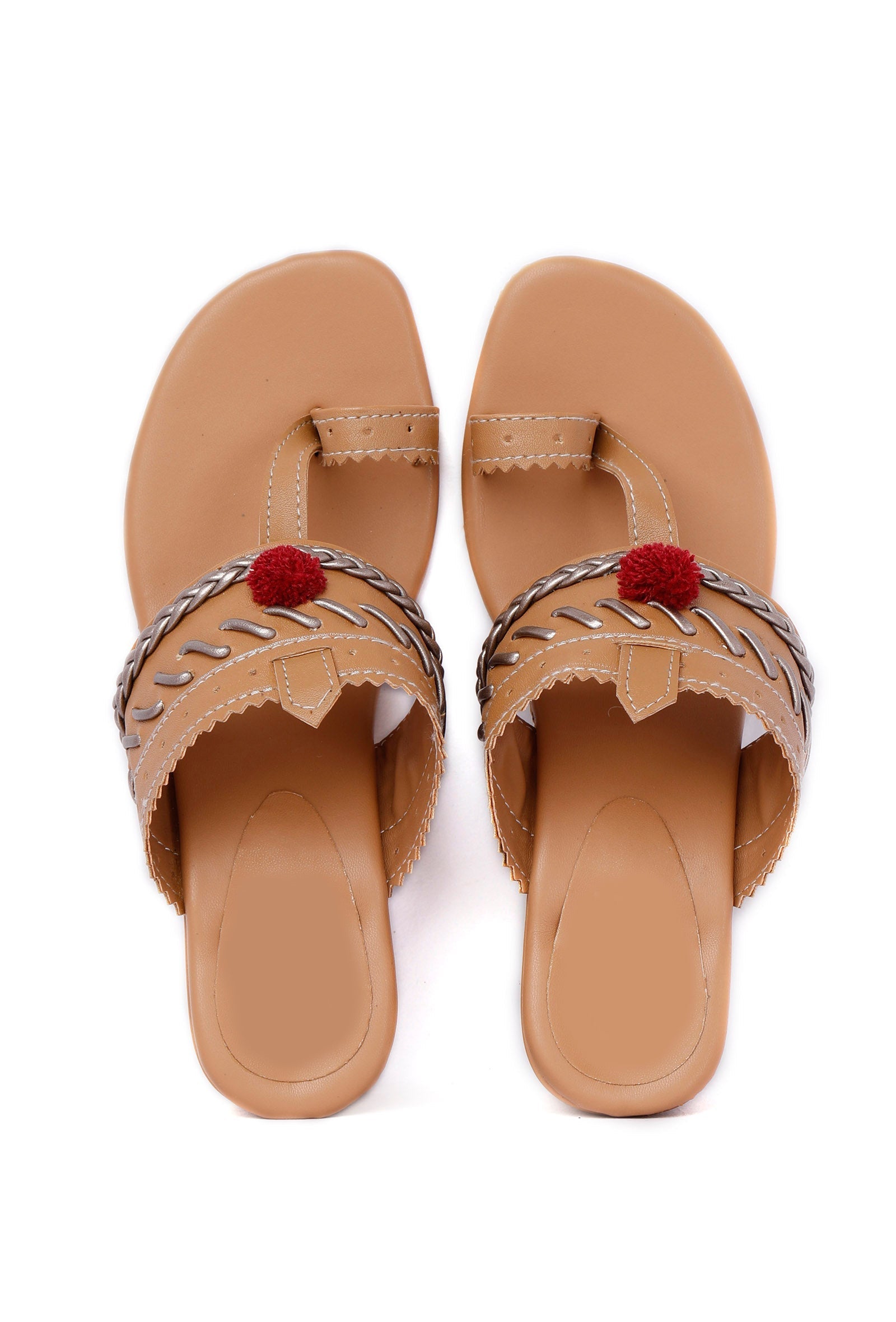 Tan and Silver Cruelty Free Leather Heels with Pom Poms