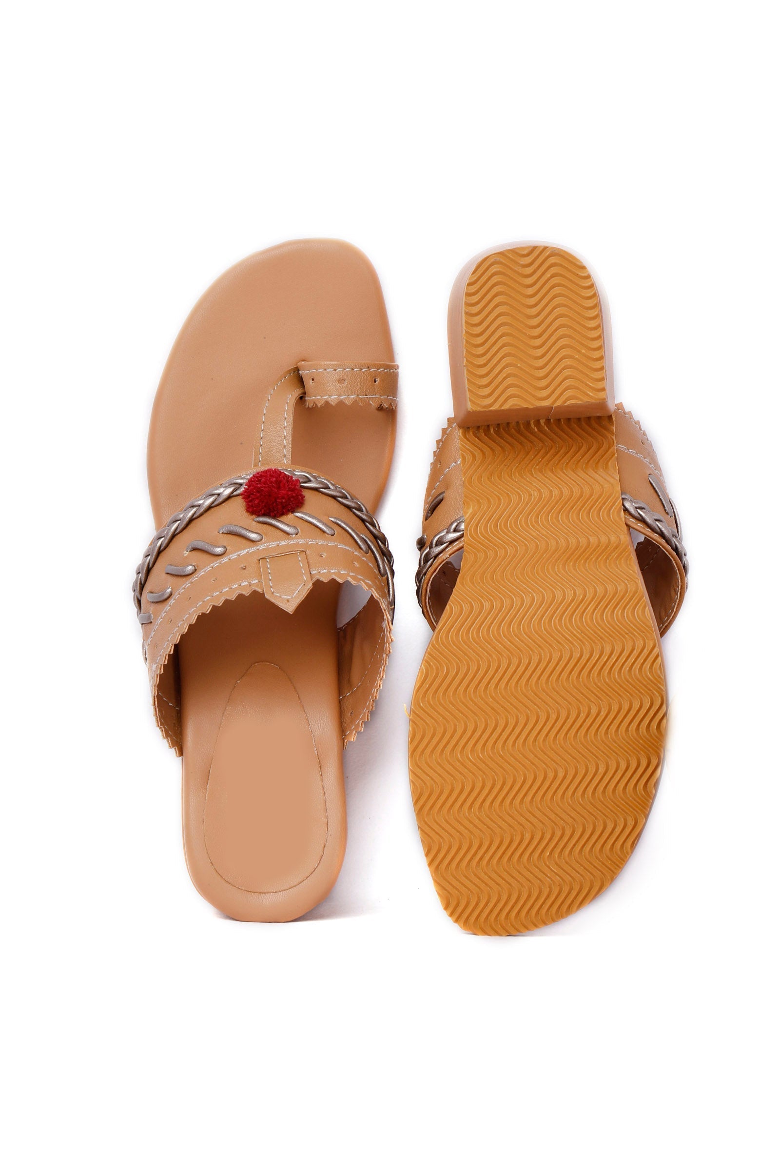 Tan and Silver Cruelty Free Leather Heels with Pom Poms