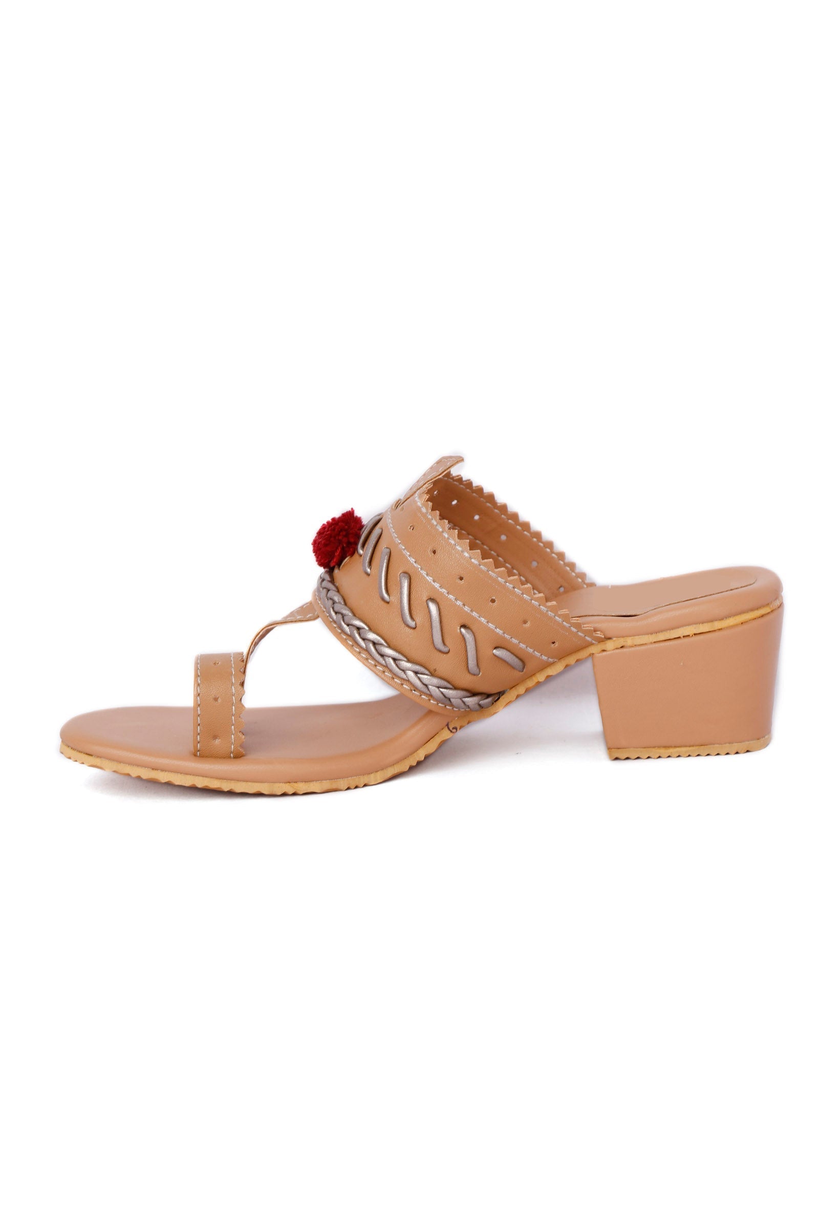 Tan and Silver Cruelty Free Leather Heels with Pom Poms